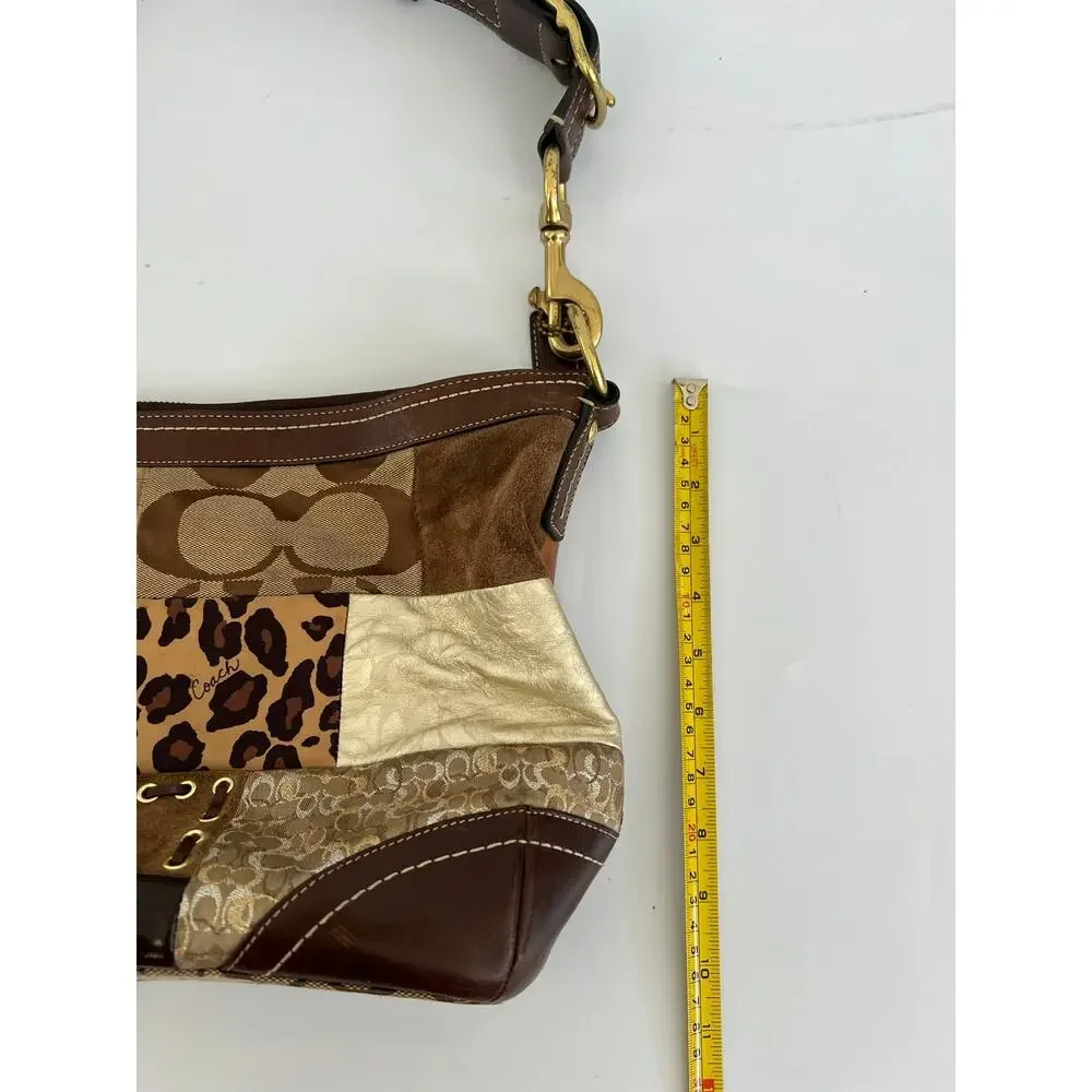 Vintage Coach F0893-F12842 Patchwork Jacquard Leopard Brown Leather Bag Y2K Boho - Picture 11 of 16